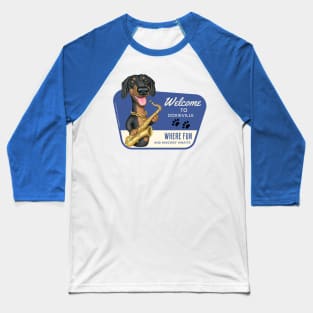 Fun Dachshund playing Sax in Doxieville, USA Baseball T-Shirt